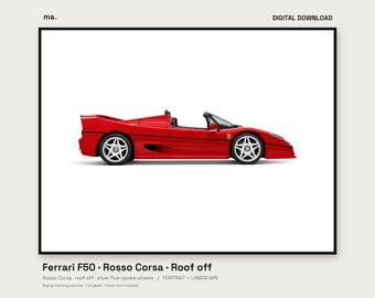 Ferrari F50 Red Illustrated Car Print, Roof Off Supercar Wall Art, 6 Sizes, Portrait & Landscape, Digital Download + 4K Wallpaper