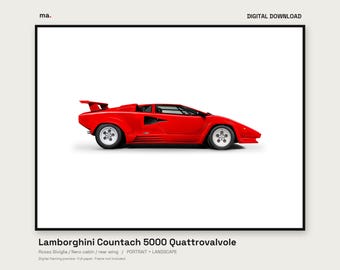 Lamborghini Countach Quattrovalvole Red Illustrated Car Print, Portrait and Landscape + 4K Wallpaper