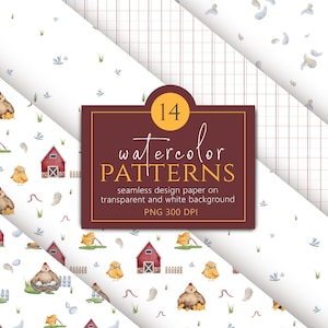May include: A set of 14 watercolor seamless patterns featuring a farmhouse theme with chickens, chicks, eggs, and a red barn. The patterns are on a white background and are perfect for crafting, scrapbooking, and digital design.