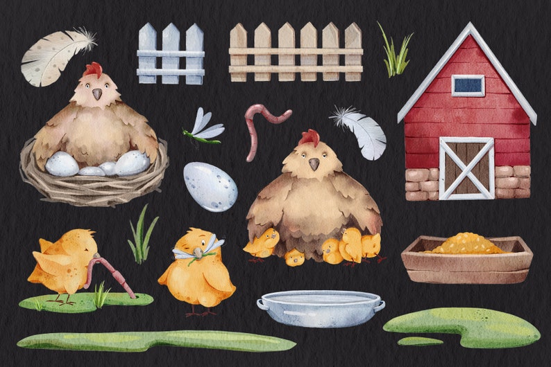 Watercolor Chicken Clipart: Farm Animals, Chicks & Eggs (18 PNG) - Etsy
