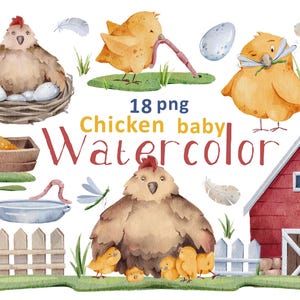 Può includere: Illustrazioni ad acquerello di un fienile rosso, una recinzione, una ciotola, un verme, una libellula, un nido con uova e vari polli. Il testo "18 png Chicken baby Watercolor" è scritto al centro dell'immagine.