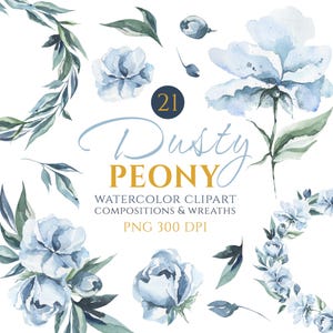 Aquarelle peinte à la main, pivoine bleu poussiéreux, fleur bleu froid d'hiver, clipart pour faire-part de mariage, couronne de fleurs PNG, fichier numérique imprimable