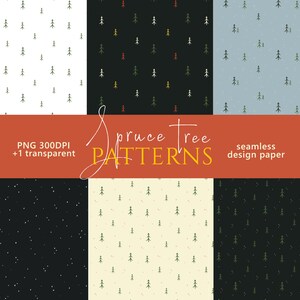 May include: Set of 8 seamless digital paper patterns featuring stylised spruce trees in various colours, including black, white, green, red, yellow, and blue. PNG 300DPI + 1 transparent.