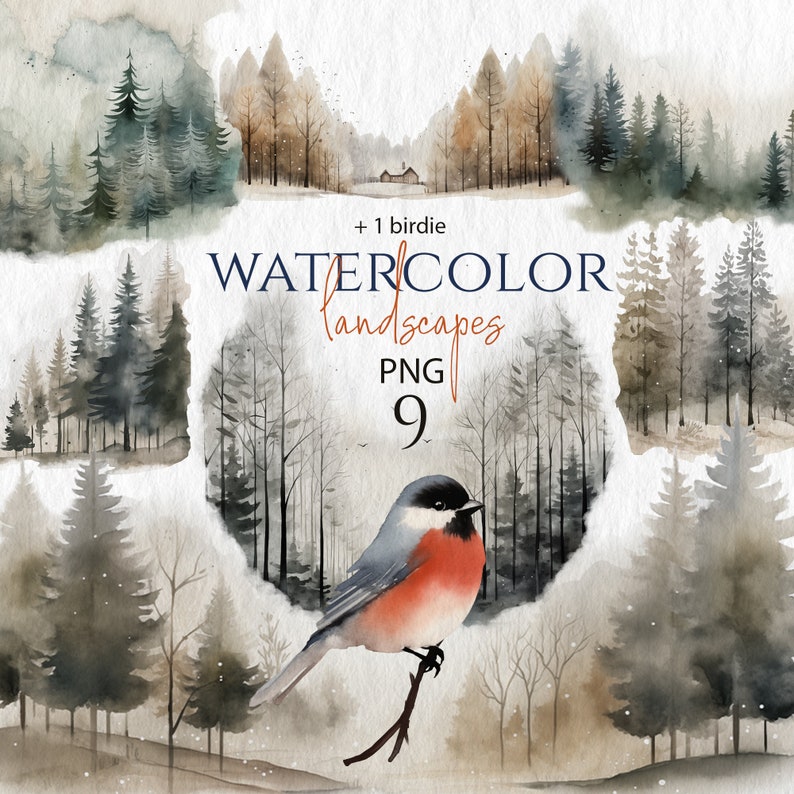 Watercolor Misty Pine Forest Landscapes. Winter Forest Scenery Clipart ...