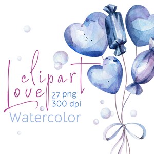 Aquarelle douce amour Saint-Valentin clipart, noeuds, bulles, lettrage, belle impression en apesanteur, cadeau, baby shower, anniversaire, bonbons