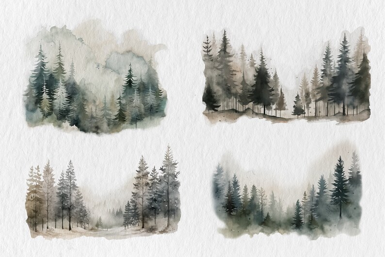Watercolor Misty Pine Forest Landscapes. Winter Forest Scenery Clipart ...
