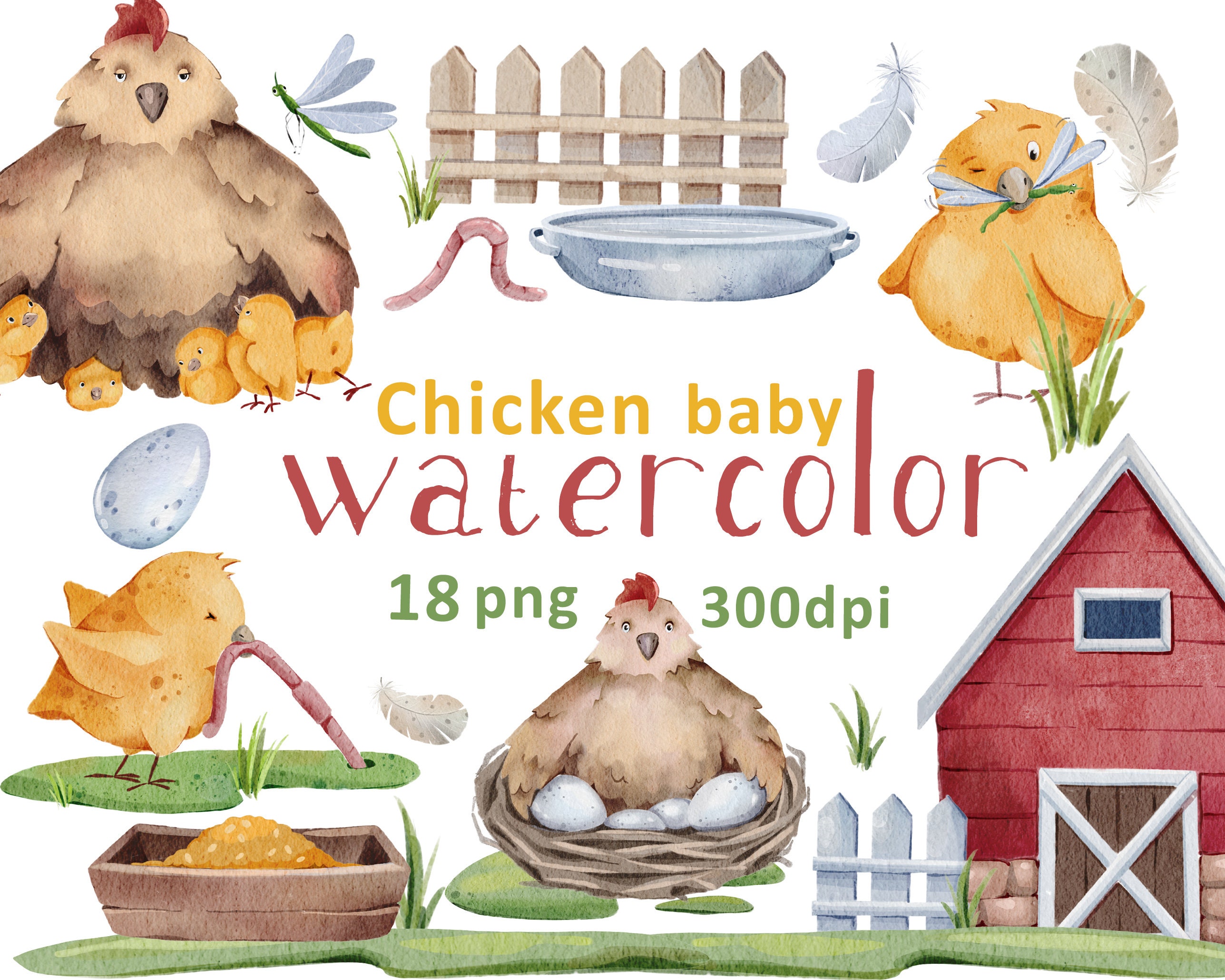 Watercolor Chicken Baby Clipart Cute Chick Clipart Watercolor Summer ...