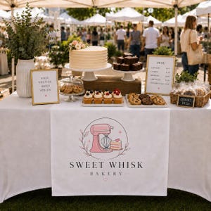 May include: A white table display for Sweet Whisk Bakery featuring a large frosted cake, cupcakes, brownies, and cookies. A sign reads Baked with Love, Served with Joy, and a menu lists prices. A pink stand mixer logo is printed on the table cloth.