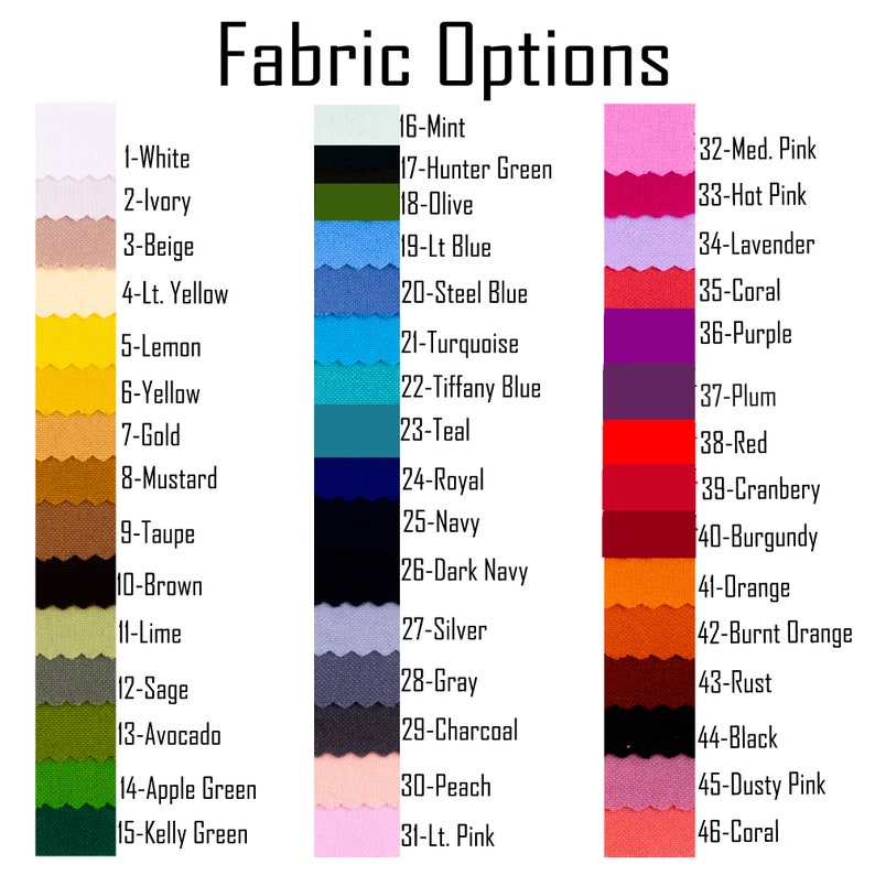 以下が含まれることがあります： 「Fabric Options」と題されたカラーチャートには、さまざまな色の46の生地見本が表示されています。各見本には番号と色名が付けられており、白からコーラルまであります。このチャートは、利用可能な生地の選択肢を示すように設計されています。