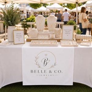 Könnte beinhalten: Ein Schmuckausstellungstisch mit Halsketten, Armbändern und Ohrringen. Der Tisch ist mit einem weißen Tuch bedeckt und trägt ein Banner mit der Aufschrift "BELLE & CO. JEWELRY". Goldgerahmte Schilder zeigen "TIMELESS ELEGANCE MADE FOR YOU" und "MADE TO SHINE, DESIGNED WITH LOVE."