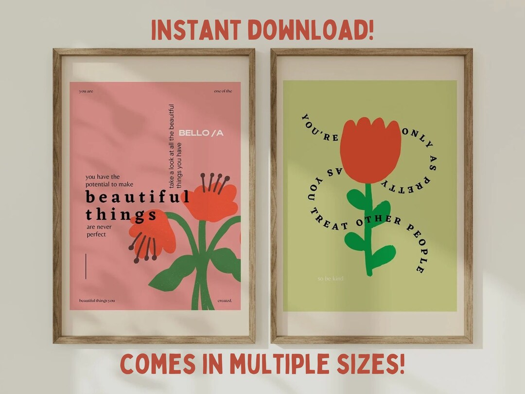 Printable Spring Flower Wall Art Set of 2 Prints Green and Etsy