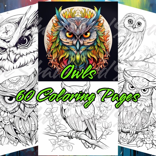 Owls 60 Coloring Pages, Cute, Fantasy, Relaxing, Fun, Greyscale images, Adults + Kids, Instant Download, Printable Sheets