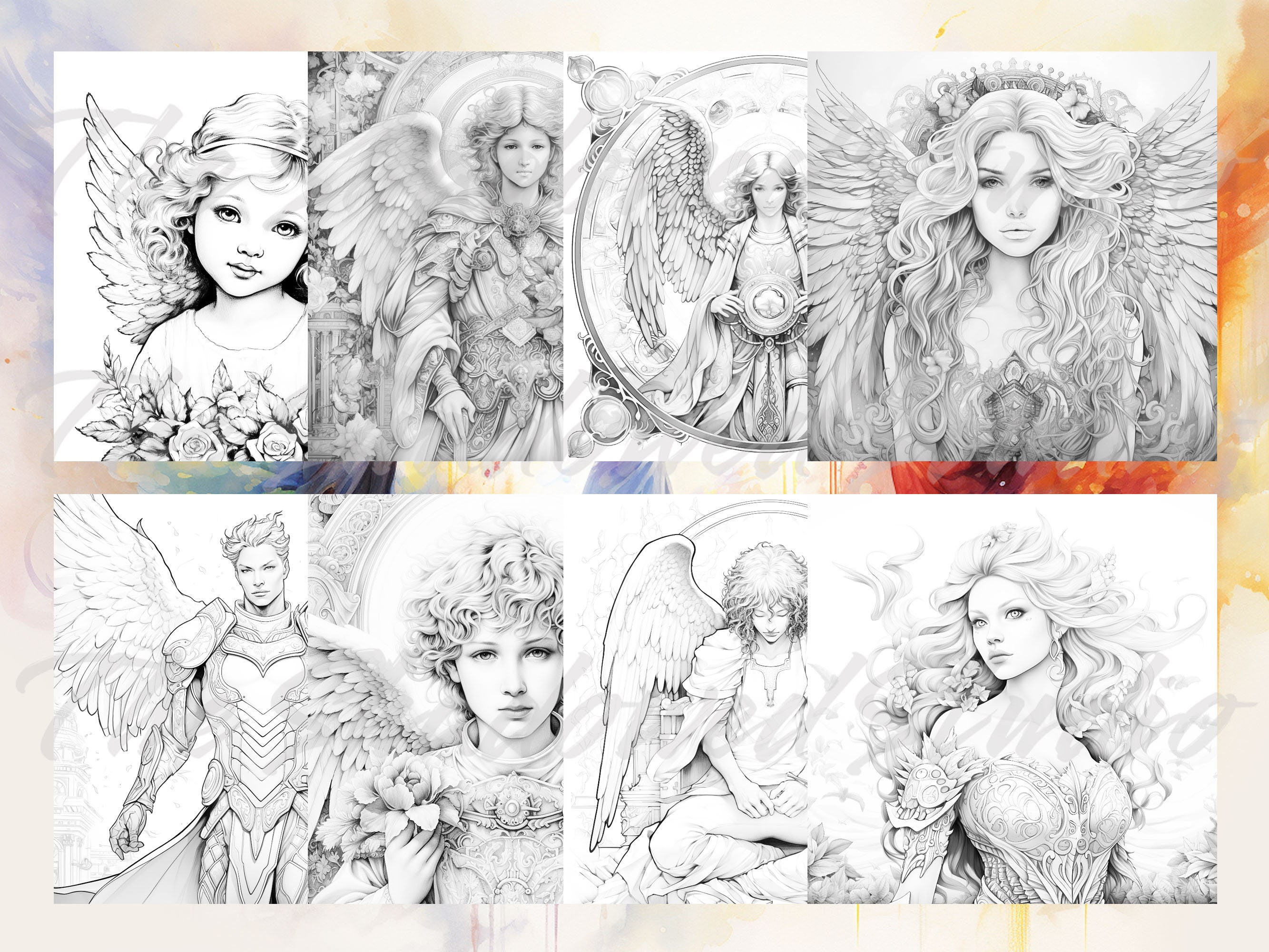 Angels 60 Coloring Pages Fantasy Relaxing Fun Greyscale - Etsy