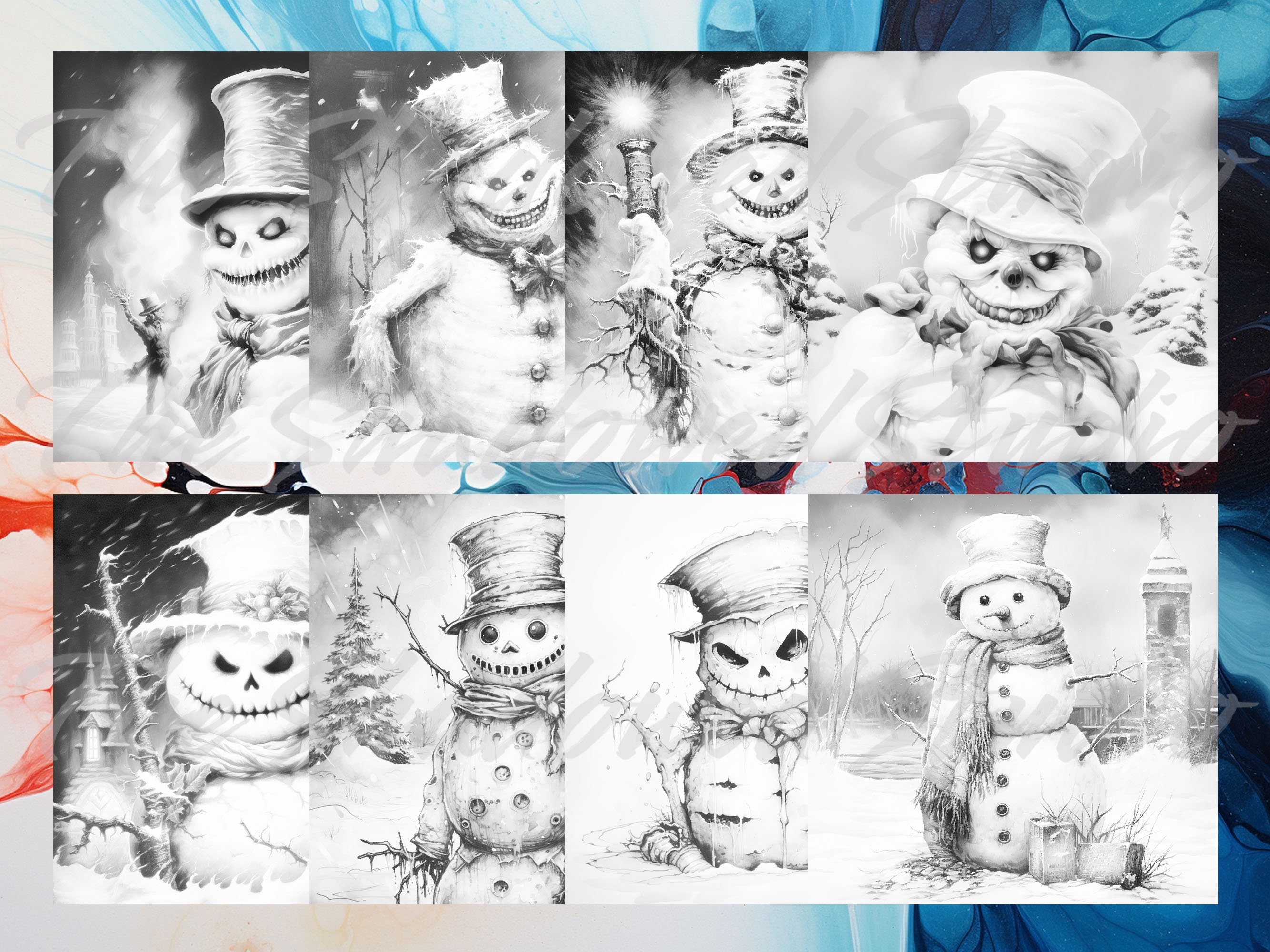 Scary Snowmen 40 Coloring Pages, Horror, Relaxing, Fun, Greyscale Images, Adults Kids, Instant ...