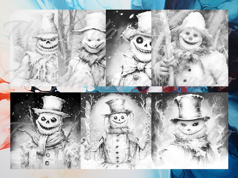 Scary Snowmen 40 Coloring Pages, Horror, Relaxing, Fun, Greyscale Images, Adults Kids, Instant ...