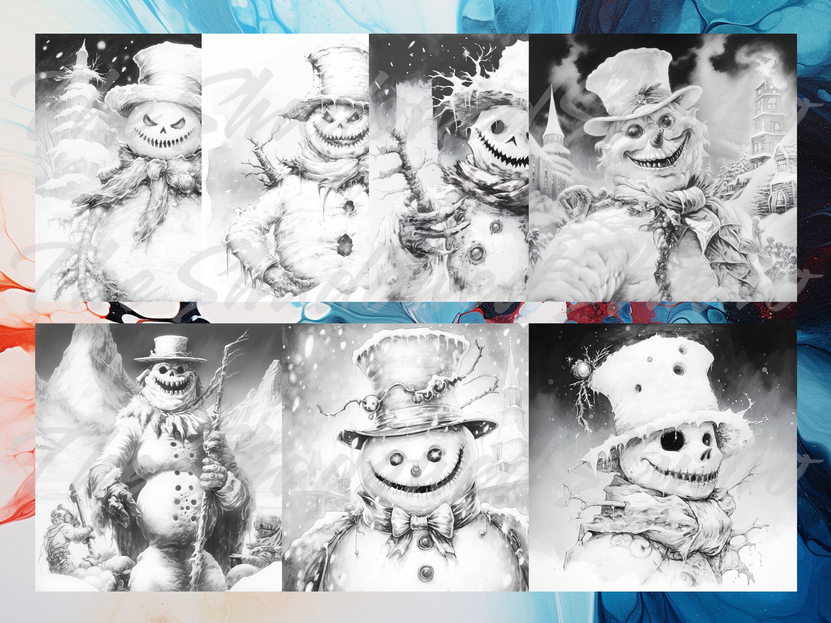 Scary Snowmen 40 Coloring Pages, Horror, Relaxing, Fun, Greyscale Images, Adults Kids, Instant ...