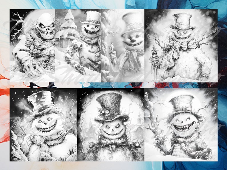 Scary Snowmen 40 Coloring Pages, Horror, Relaxing, Fun, Greyscale Images, Adults Kids, Instant ...