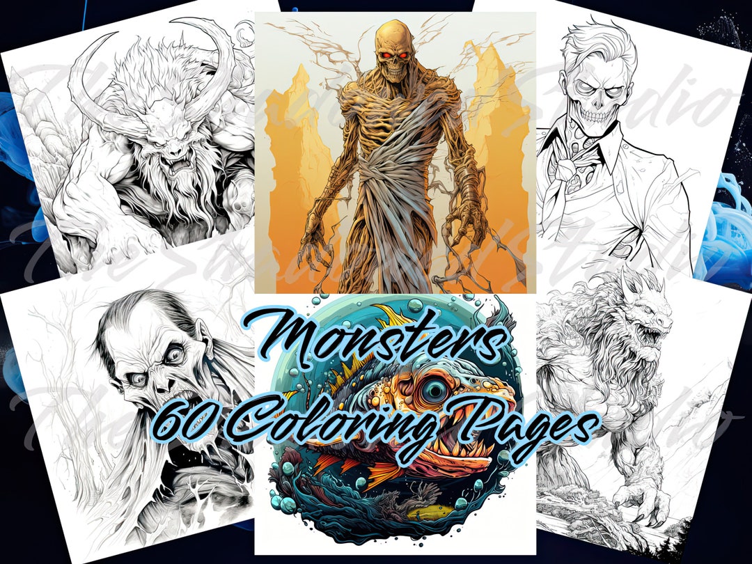 60 Monsters Coloring Book Pages, Fantasy, Relaxing, Fun, Greyscale