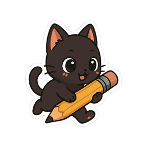 Kawaii Black Cat Pencil School Sticker – Cute Laptop Sticker, Back to School Cat Decal, Waterproof Vinyl for Notebooks & Tablets