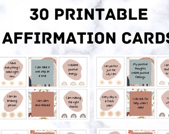 May include: Thirty printable affirmation cards with positive messages in a light pink, brown, and blue colour scheme. The cards feature illustrations of rainbows, suns, and hearts.