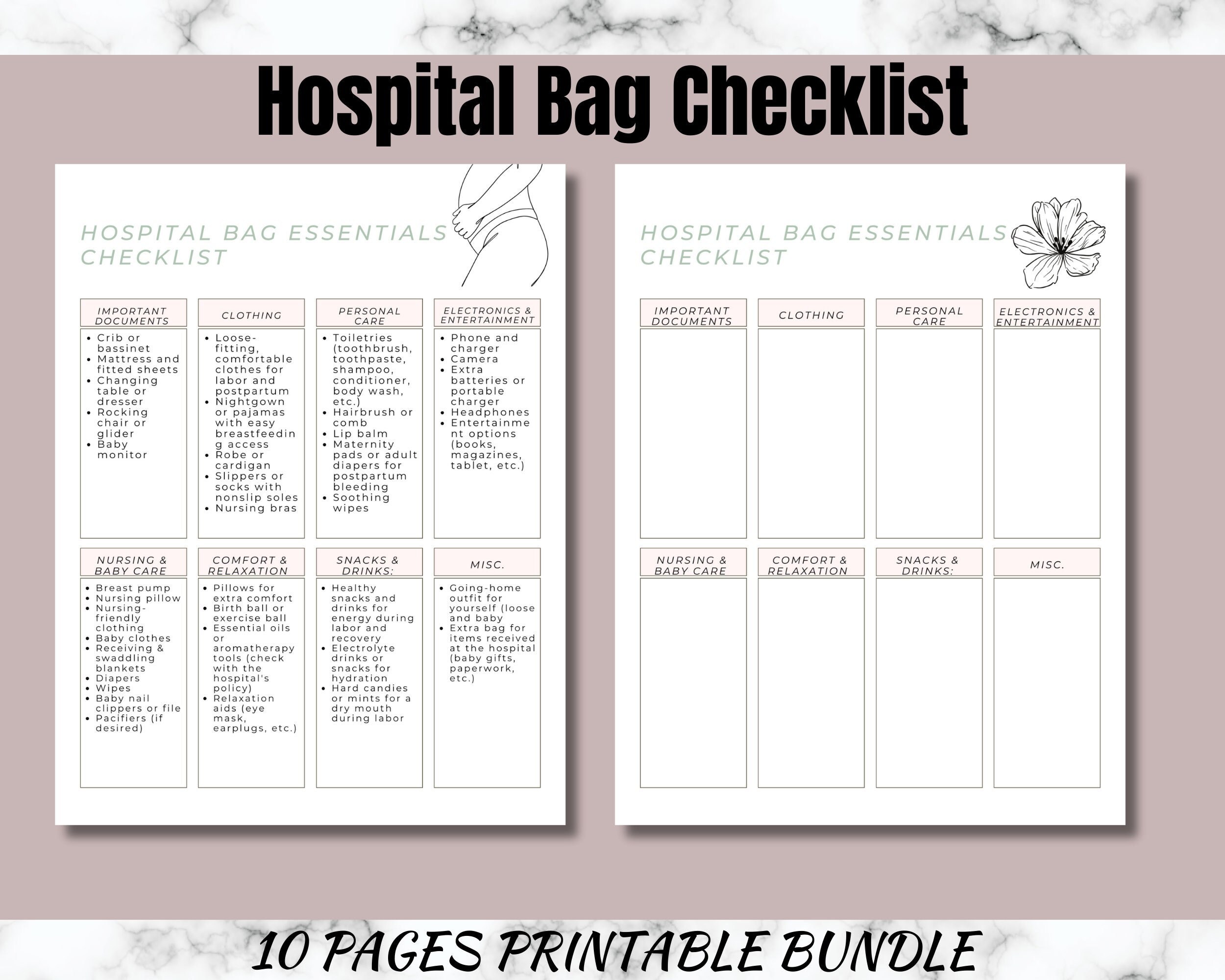 Hospital Bag Checklist Birth Packing List Labour Delivery Checklist Printable Birthing Checklist ...