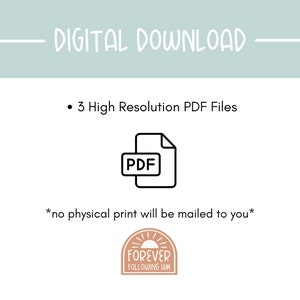 Może przedstawiać: Cyfrowy pobieranie trzech plik&oacute;w PDF w wysokiej rozdzielczości. Tekst "DIGITAL DOWNLOAD" znajduje się w g&oacute;rnej części obrazu. Tekst "3 High Resolution PDF Files" znajduje się w środkowej części obrazu. Czarno-biała ikona pliku PDF znajduje się pod tekstem. Tekst "*no physical print will be mailed to you*" znajduje się pod ikoną. Brązowe koło z słońcem i tekstem "FOREVER FOLLOWING HIM" znajduje się w dolnej części obrazu.