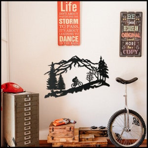 Bike Climbing Metal Art Wall Decor, Bicycle Lover Gift, Mountain Tree and Cyclist Wall Art, Home Decoration, Wall Hangings, Lazer Cut