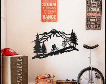 Metal Bike Climbing Wall Art: Mountain Tree Cyclist Decor