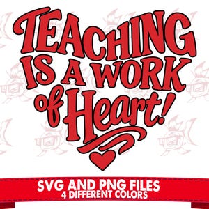 Może przedstawiać: Czerwona grafika z napisem "TEACHING IS A WORK of Heart!" w kształcie serca. Poniżej czerwony baner z napisem "SVG AND PNG FILES 4 DIFFERENT COLORS". Tło ma powtarzający się wzór kreskówki ryby w okularach.