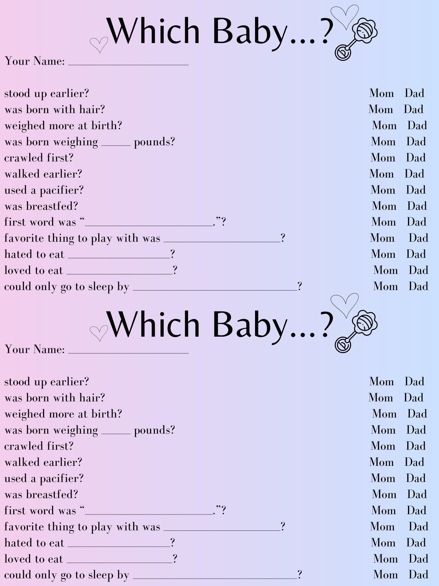 Gender Reveal Party Game | Which Baby...? Game | Fun Simple Prediction Activity | All Ages | Family Friendly | PDF