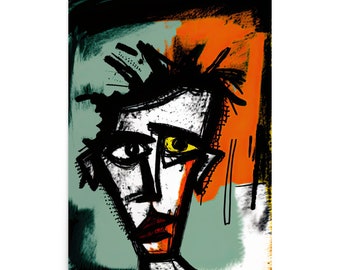 May include: Abstract painting of a face with black, white, orange, and green colors. The face has a yellow eye and a red mouth.