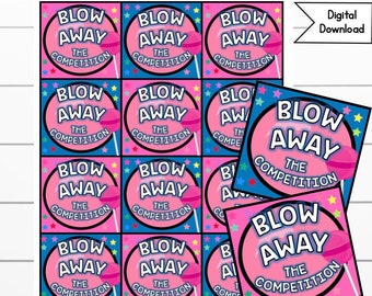 May include: A set of 12 printable party game cards with a pink and blue design. Each card features a circle with the text "Blow Away The Competition" and a pink lollipop graphic.