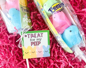 Pode incluir: Um deleite de Páscoa colorido com uma etiqueta que diz "Treat for my Peep". O deleite é uma pilha de marshmallows Peeps amarelos, verdes, rosa e azuis em um palito. Os Peeps estão envoltos em plástico transparente e estão em uma cama de papel picado rosa.