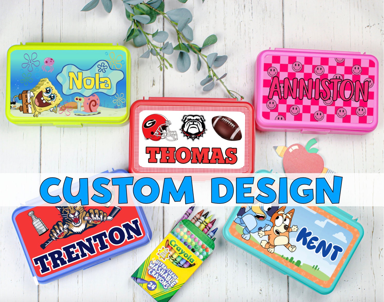CUSTOM Personalized Pencil Box for boys and girls Back to School Gift Crayon Case Supplies, Sports Team, Bluey, Football, Hockey, Bluey
