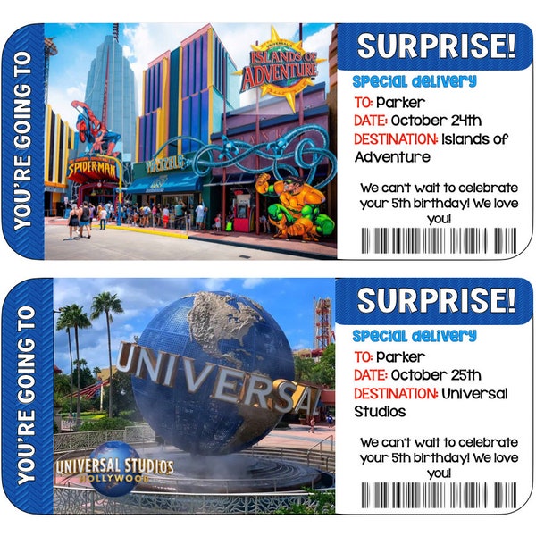 Surprise Ticket Universal Studios or Islands or Adventure, Customized Gift, Christmas or Birthday Surprise, Personalized, Surprise Vacation