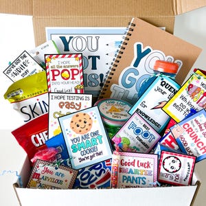 May include: A cardboard gift box filled with assorted snacks and motivational cards featuring text like You Are One Smart Cookie, Good Luck Smartie Pants, and You Got This, alongside a spiral notebook, a water bottle, and various packaged food items.