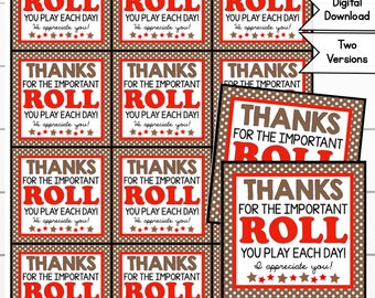 Employee Appreciation Tootsie Roll Tag, Thanks for the Important Roll (Role) You Play Teacher Gift, Digital Download, Snack Tags, PTA, PTO
