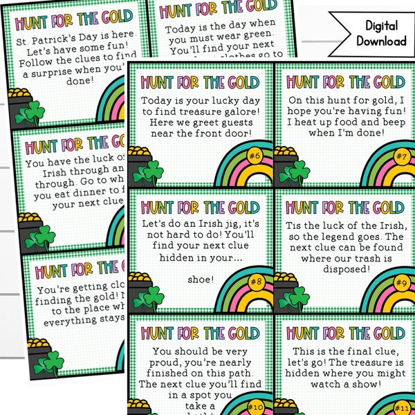 Leprechaun Scavenger Hunt St Patricks Day, Hunt for Gold, Fun Traditions for Kids, Teen Scavenger, Toddler Clues, St Patricks Day Printables