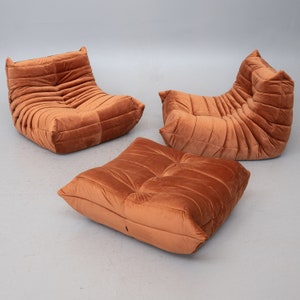 Orange Velour Togo Lounge Chairs Ensemble by Michel Ducaroy for Ligne Roset - French Design