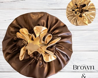 Goldene Erde| Seidiger Satin Schlafmütze | Haarhaube für Frauen | Erwachsener | Baby Mütze | Seidiges Satin Bonnet Geschenk | Wende Satin Mütze