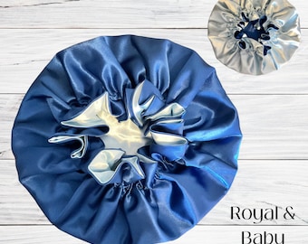 Blauer Himmel| Seidiger Satin Schlafmütze | Haarhaube für Frauen | Erwachsener | Baby Mütze | Seidiges Satin Bonnet Geschenk | Wende Satin Mütze