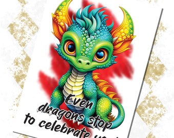 Printable Baby Dragon Birthday Card for Kids – Magical Fantasy Card & Matching Envelope