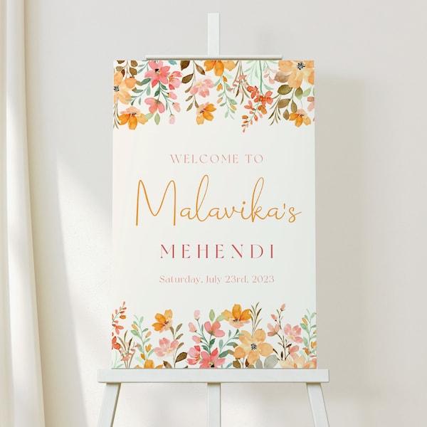 Colorful Orange Yellow Wildflower Welcome Sign, Mehendi Welcome Sign, Mehndi Welcome Sign, Wedding Sign, 3 Sizes 24 x 36, 18 x 24 & 16 x 20