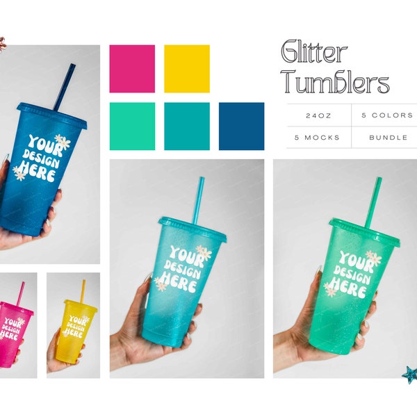 Glitzerbecher 5 Mock Up Bundle | 24oz Becher mit Deckel Mocks | Plastikbecher mit Hand | Foto Stock | Einfacher Hintergrund