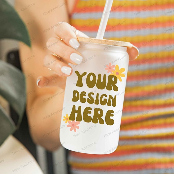 12oz Frosted Beer Can Glass Bottle Mockup | Photostock | Bottle with hand | Boho Tumbler Mockup