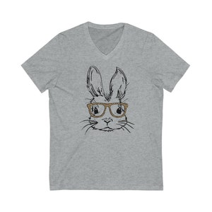 Bunny with animal print glasses Bella+Canvas Unisex Jersey Short Sleeve V-Neck Tee, Easter