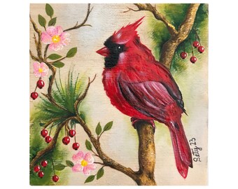 Christmas Bird Home Decor, Red Cardinal Original Acrylic Painting on Wood, Original Small Wall Art