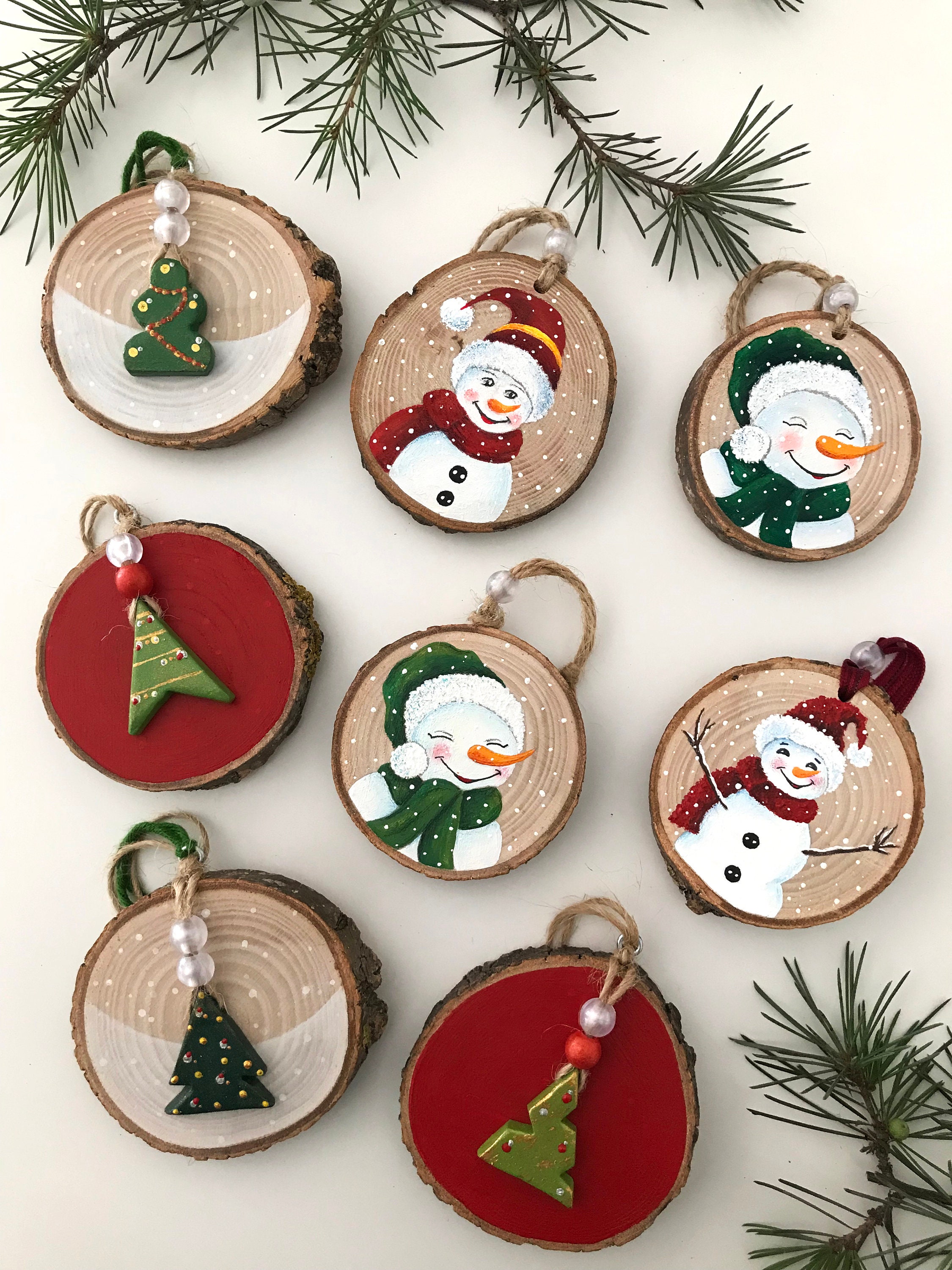 Hand Painted Christmas Ornaments (6) - Wood Slice - Minimalist - Snowy Tree