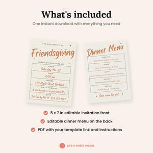 May include: A Friendsgiving invitation and dinner menu template set featuring cream-colored cards with orange and black text. The invitation includes fields for date, time, location, and RSVP. The menu lists courses from starter to drinks.