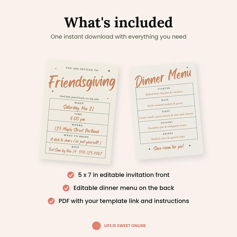 May include: A Friendsgiving invitation and dinner menu template set featuring cream-colored cards with orange and black text. The invitation includes fields for date, time, location, and RSVP. The menu lists courses from starter to drinks.